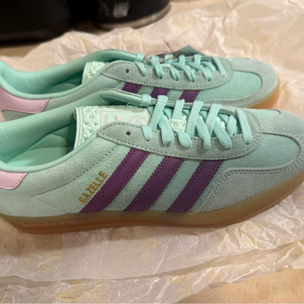 Adidas Gazelle Mint Green and Purple Sneakers